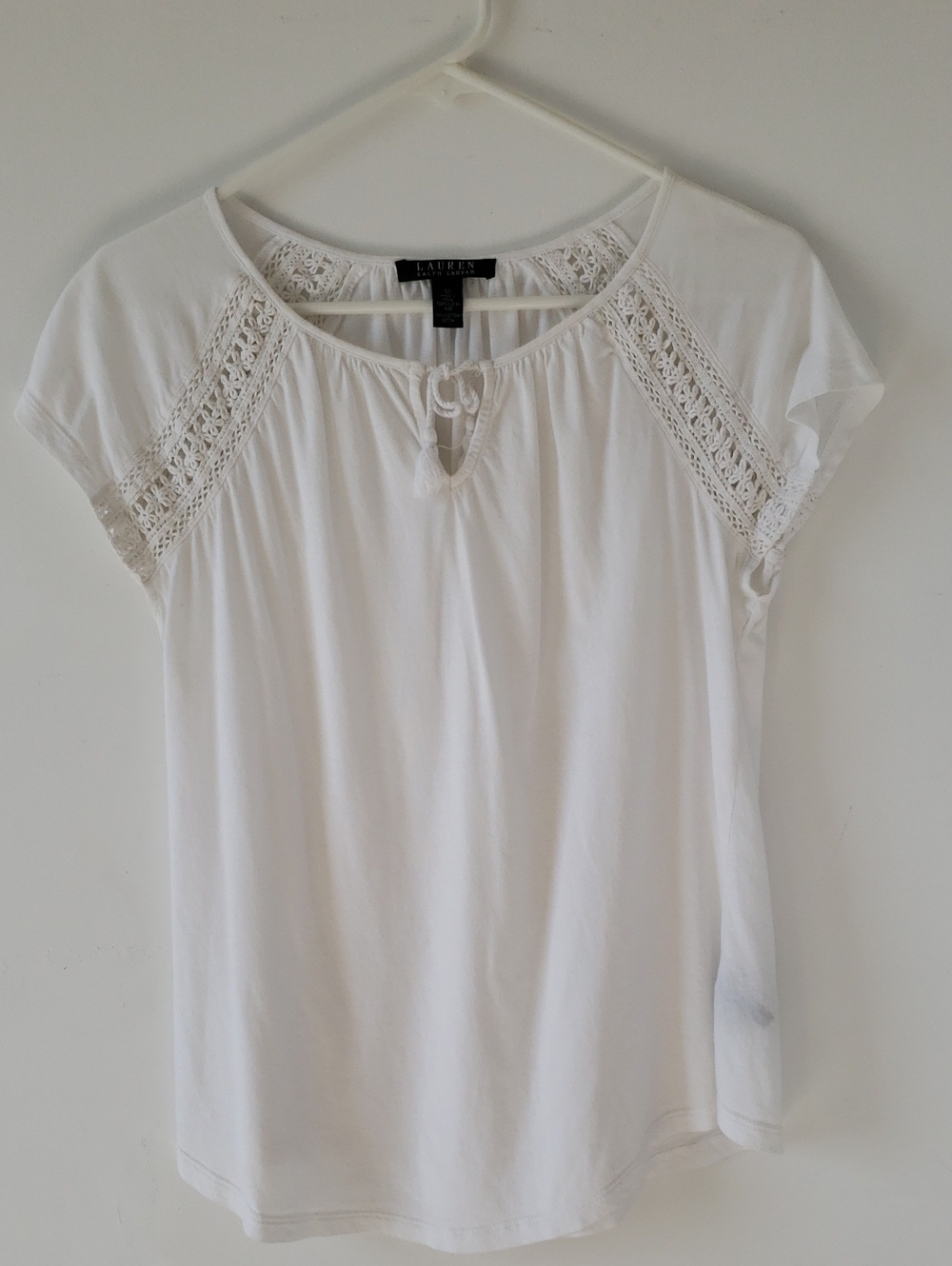Lauren Ralph Lauren White Crochet Yoke Tie-Neck Cap Sleeve Top